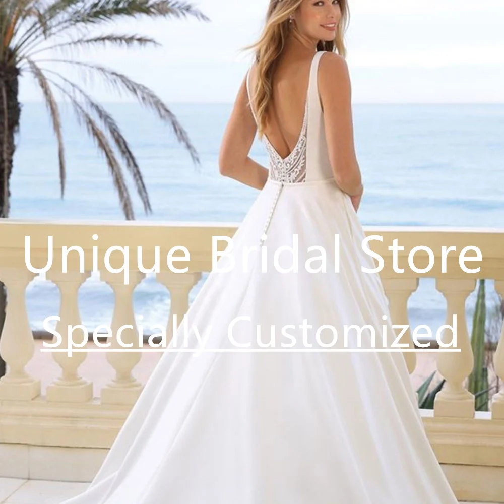 Customized UETTEY Satin Wedding Dress A-Line Deep V-Neck Sleeveless 2023 Lace Backless Button Women Draped Brush Train Vestido D