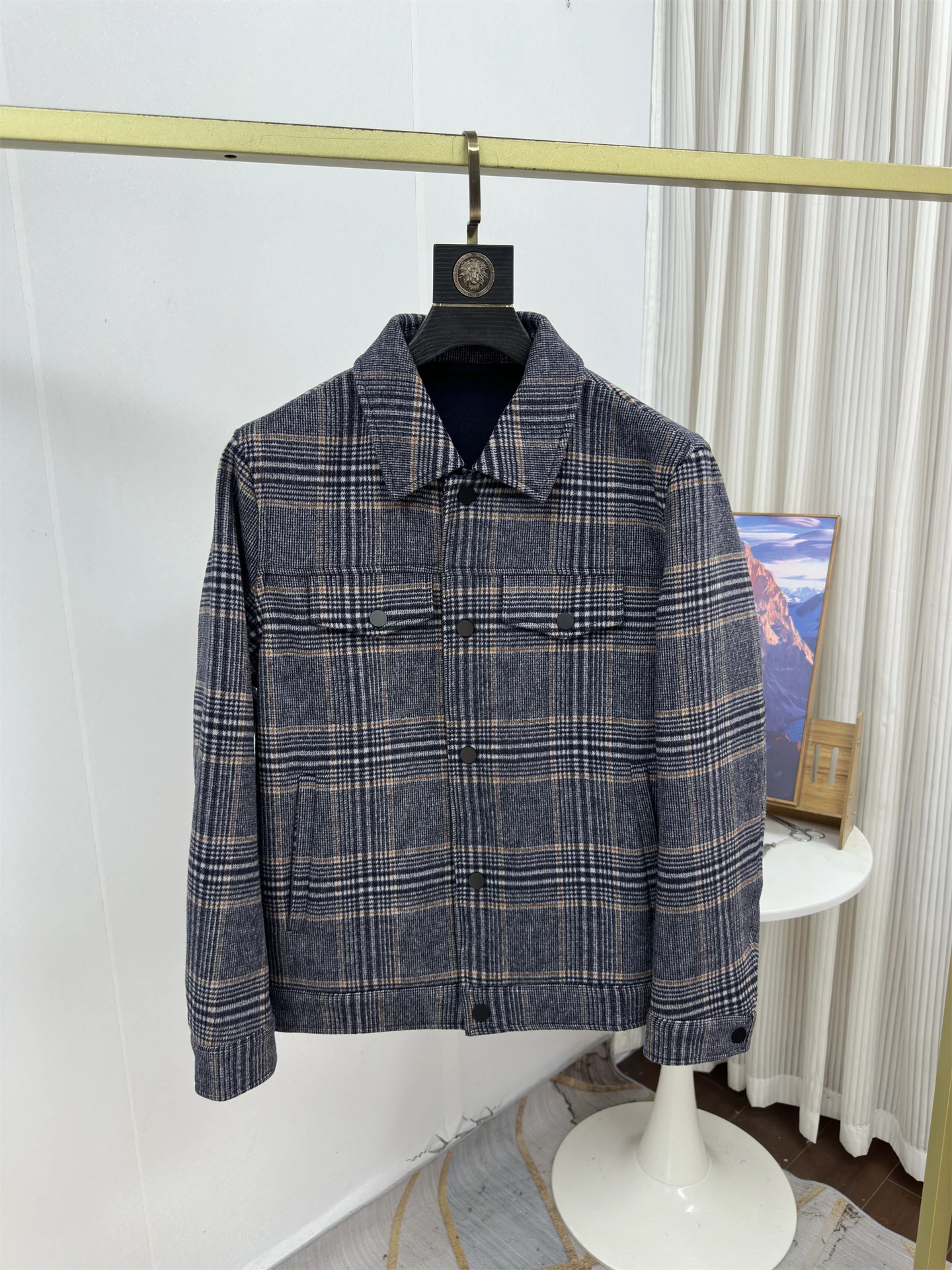 

Men's Woolen Plaid Jaet Casual Sle Thiened Autumn Winter Outerwear Warmth Collar Design Stand Fit ort Length