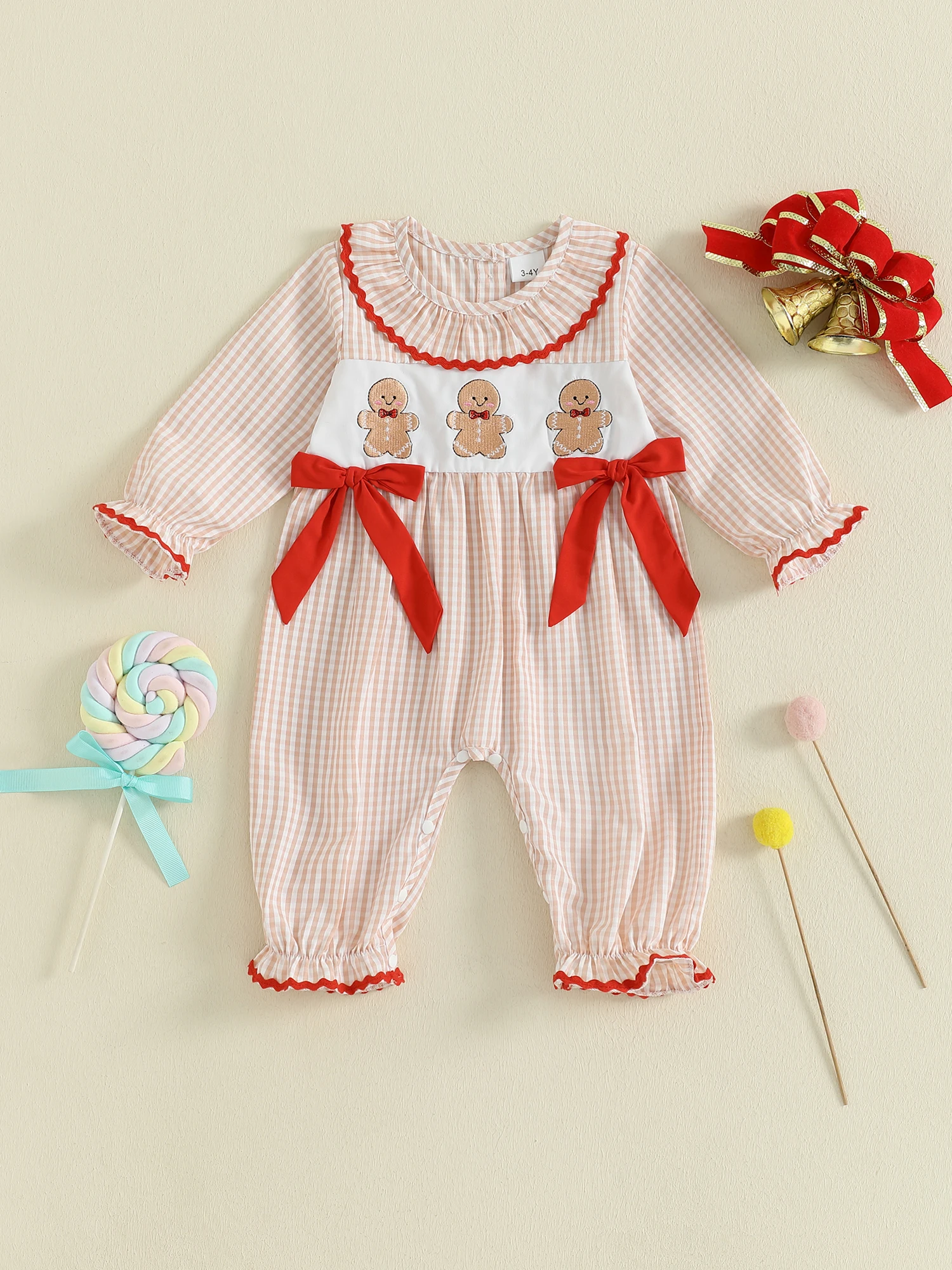 

Toddler Girl Tartan Check Romper Holiday Reindeer Applique Flannel Overall Jumpsuit with Ruffle Trim and Long Sleeves