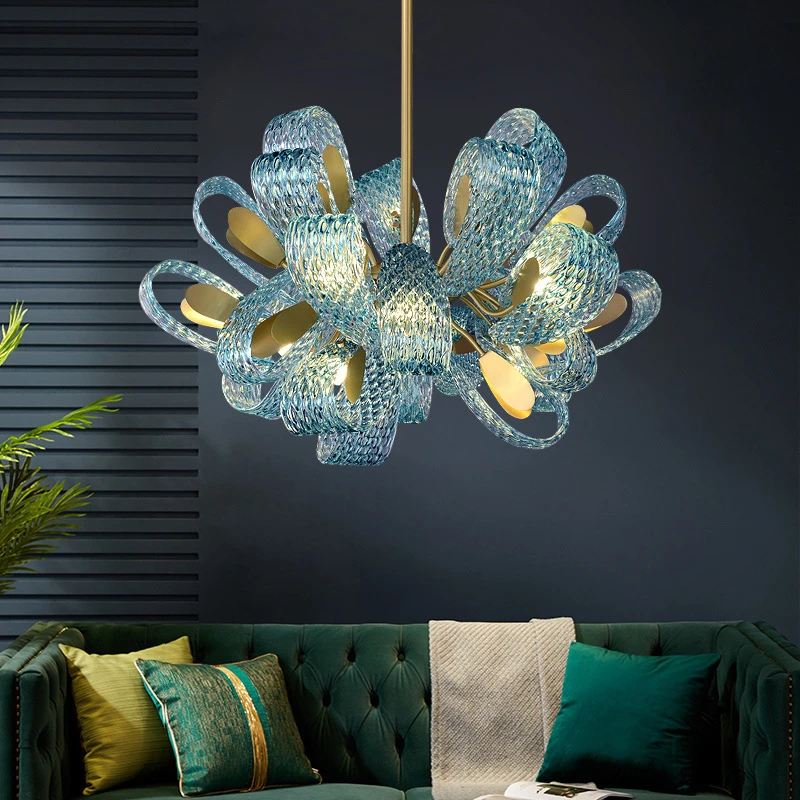 New Glass Chandelier Luxury Flower Design Copper Ceiling Pendant Lamp Peacock Blue Glass Shape Art Decor Lighting Fixture