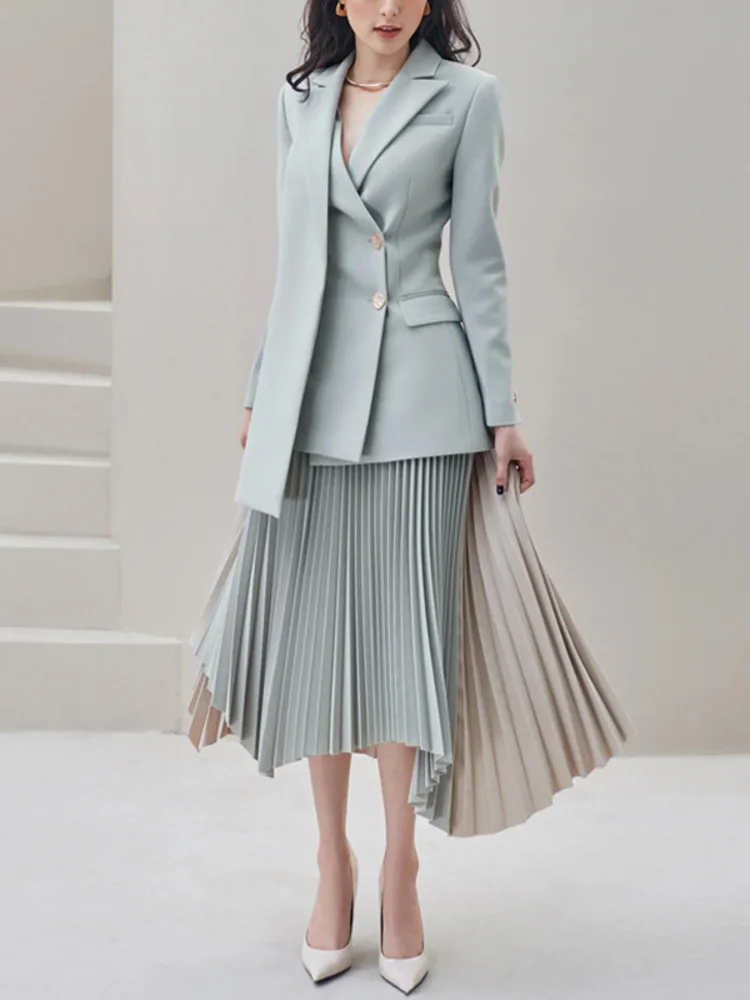 DEAT Woman Suit Asymmetrical Color Block High Waist Skirts Full Sleeve Notched Jacket Office Lady Style 2024 New Autumn 15TT091