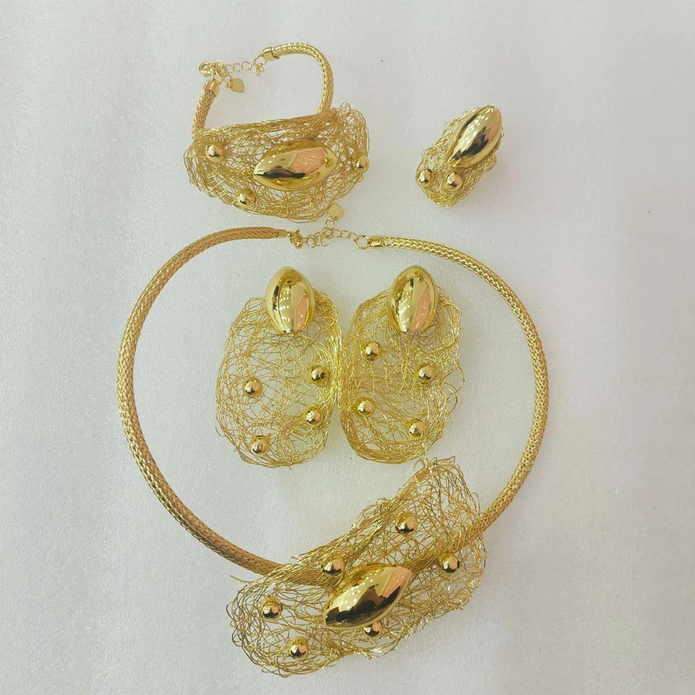 Unique Gold Color Jewelry Set Fashion Necklace Earrings Copper Cuff Bracelet Ring Brazilian 4PCS Jewelry Women Wedding Gift