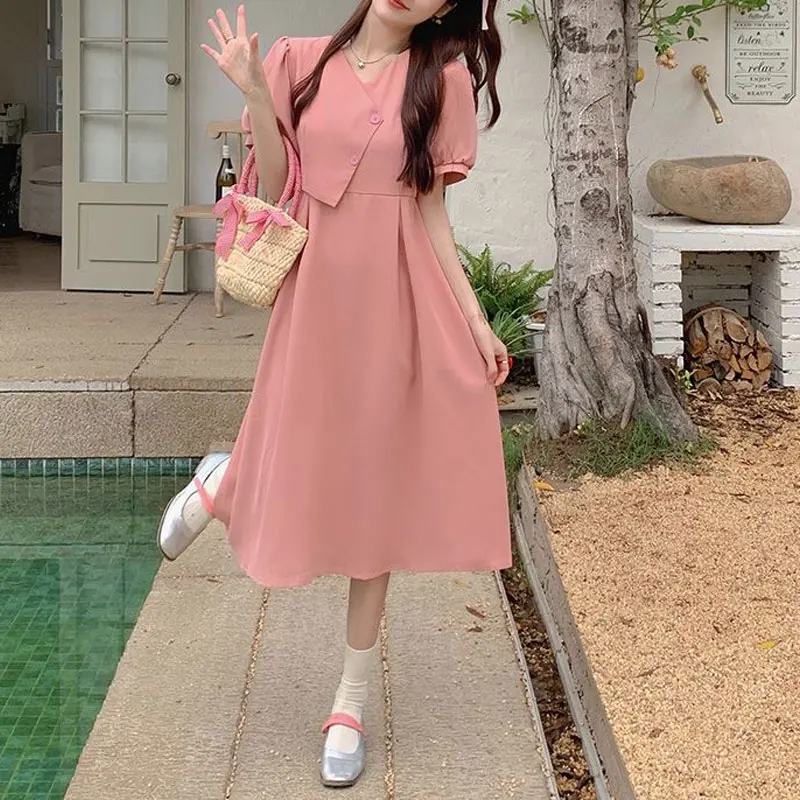 

Stylish Irregular Patchwork Dresses Summer French Style V-Neck Women's Clothing Basic Solid Color Elegant A-Line Aura Midi Dress