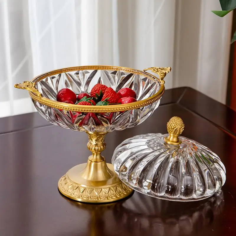 

European style brass crystal fruit tray carved candy can decoration living room household Dim sum tray decoration