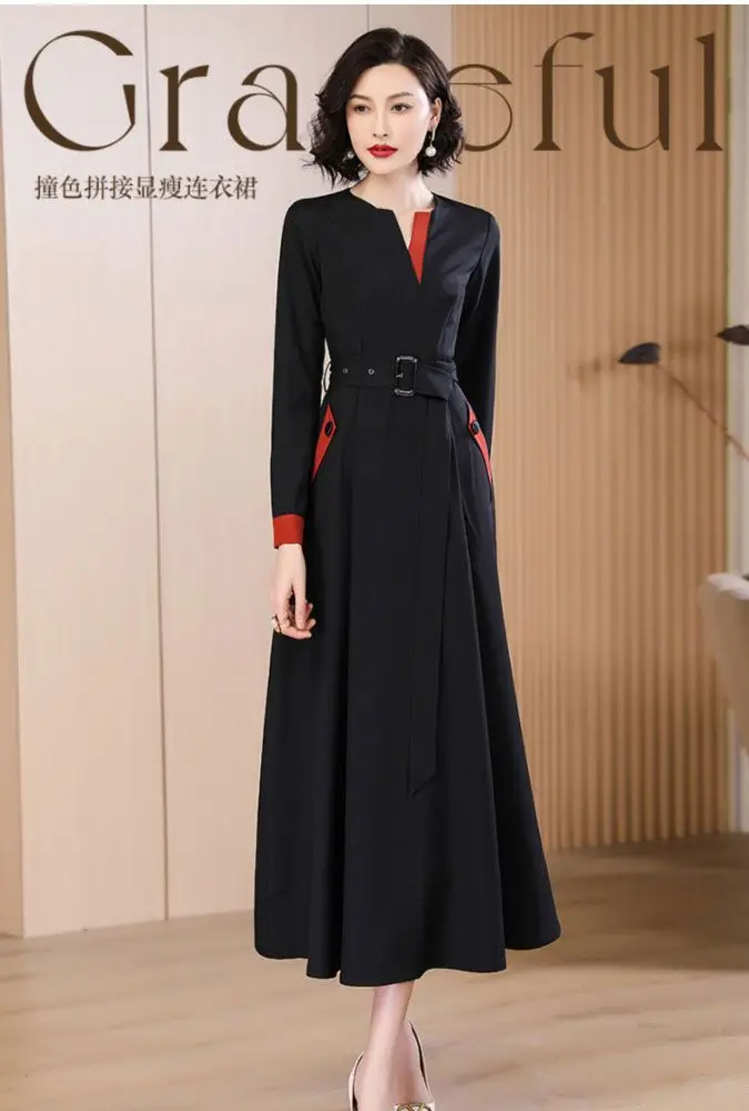 Black Temperament Spliced Dress New Fashion Age Reduction High-end Feeling Slimming Large Display Mid Length Skirt