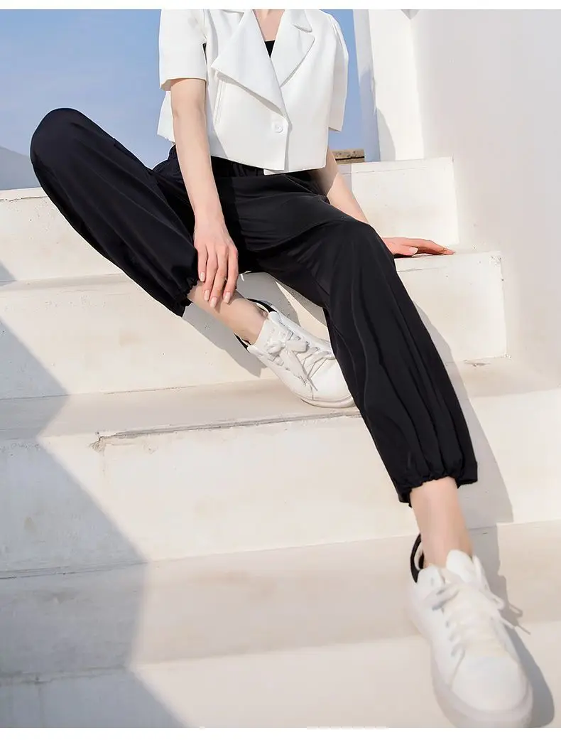 여름 소녀 얇은 lce 실크 넓은 다리 바지 여성 캐주얼 Hiah 허리 스트레이트 LegTrousers 레이디 편안한 새틴 패브릭 바지