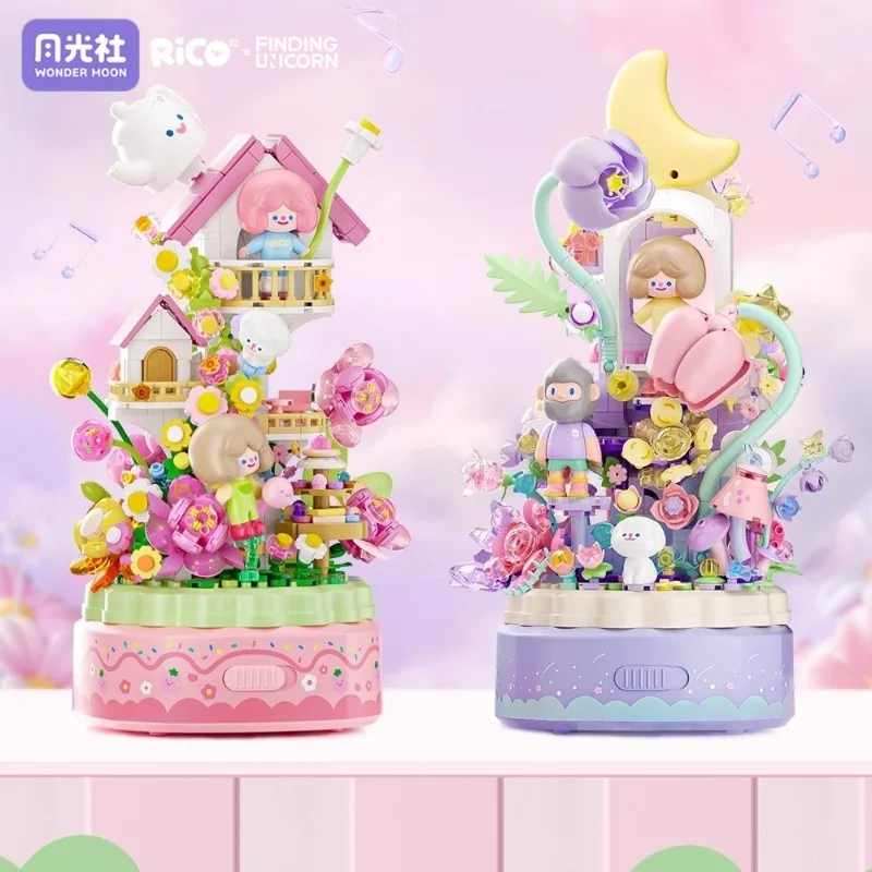 RiCO Flower Adventure Assemblaggio di blocchi di costruzione FINDING UNICORN Carillon Giocattolo Modello Kawaii Ornamenti Regalo di festa per bambini