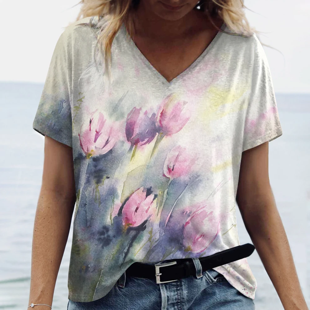 2024 Summer Women's Tulip Print Women's Plus Size T-shirt Women's Fashion Clothing Flower V-neck T-shirt