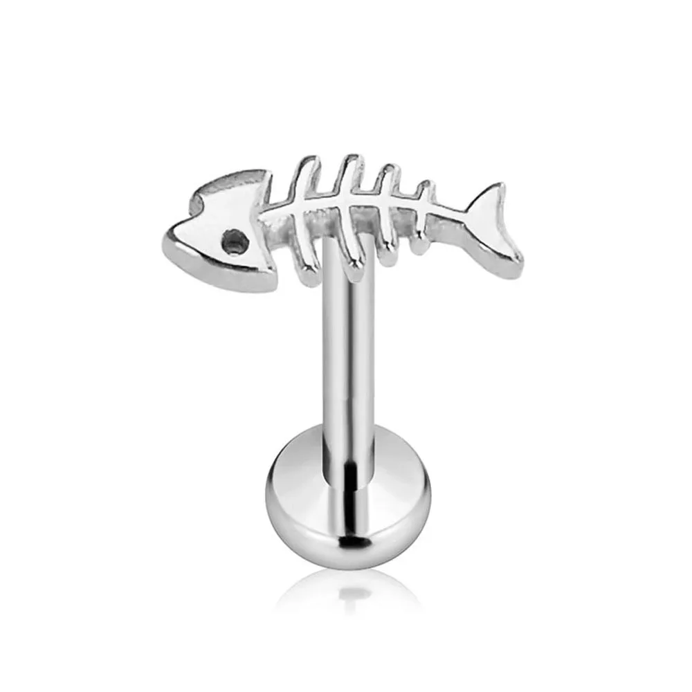 ASTM F136 G23 Titanium Fish Bone Threadless Piercing Pin Push in Lip Stud Daith Conch Tragus Flat Back Earring 16G 18G 20G