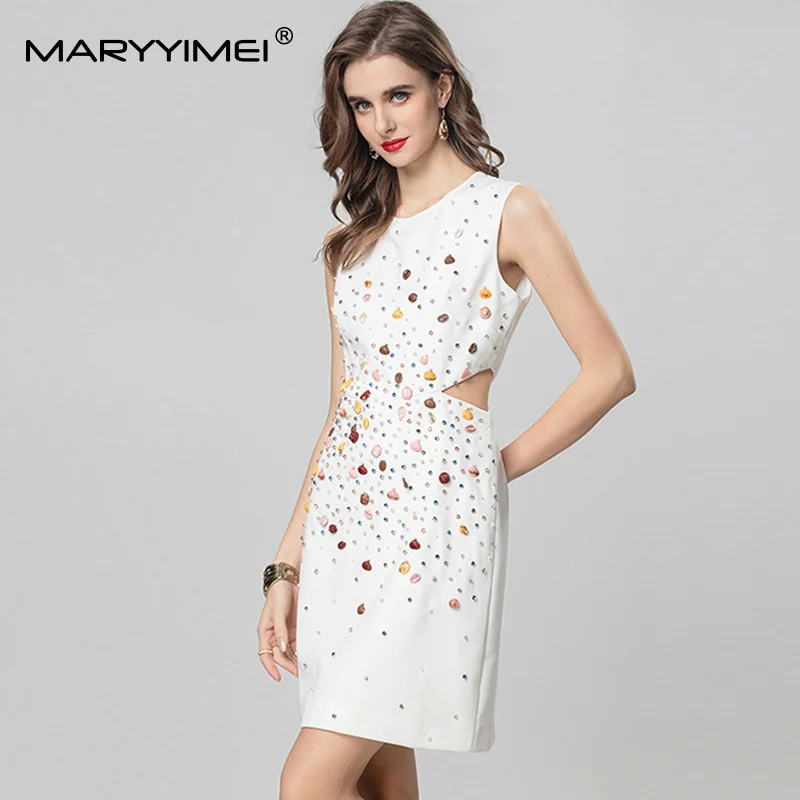 

MARYYIMEI Fashion design Women's Dress O-Neck Sleeveless Tank Hollow Out Beading High waist Slim Slim-Fit Hip Wrap Dresses
