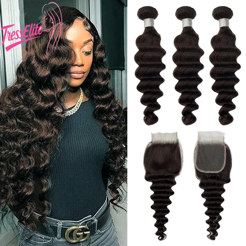 Premium # 2 colori sciolti onda profonda 3 pacchi + 1 chiusura capelli umani set remy vergine brasiliano look leggero perfetto morbido setoso