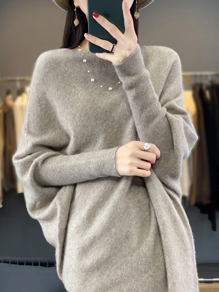 2024 Spring Autumn Women Long-Sweater 100% Merino Wool  Knitted Sweater Fashion Casual Lady O-NeckPullover Loose Women Bat shirt