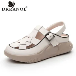 DRKANOL Platform Sandals Women Summer Woven Shoes Back Strap Slingback Genuine Leather Academic Style Lightweight Sandals Ladies