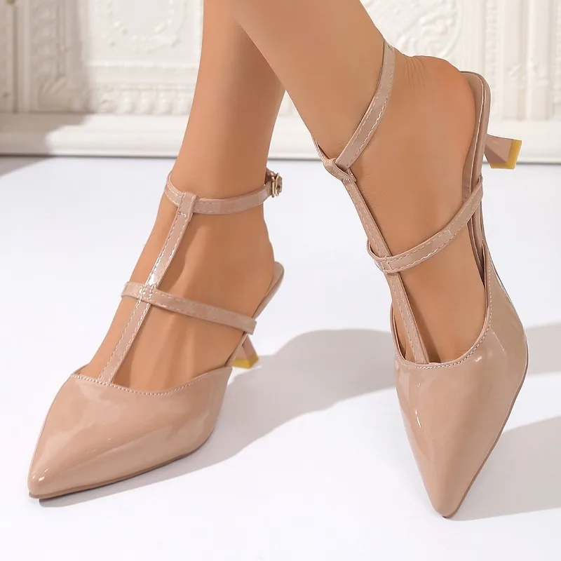 

Новинка 2025, женские босоножки на высоком каблуке с острым носком, на низком каблуке, пустые французские одинарные туфли с завернутой головой сзади