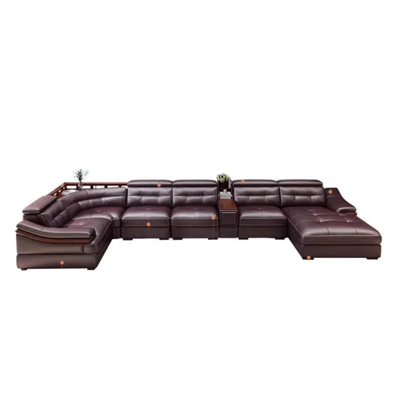 #Large U-Shaped Modular Sofa, Genuine Leather Corner Couch with Wide Armrest & Solid Wood Trim, Modern L-Shaped Sectional Sofa