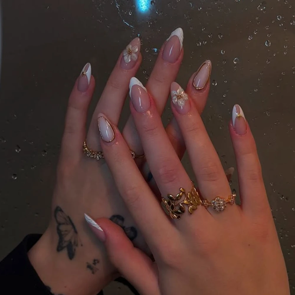 Presse d'hiver sur les ongles, fait à la main, amande et carrés, peinture française, Design Floral 3D, réutilisable, Kit de 10 pièces pour femmes