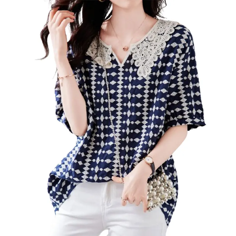 Elegant Fashion Harajuku Slim Fit Female Clothes Loose Casual All Match Shirt Printed Patchwork Doll Collar Short Sleeve Blusa