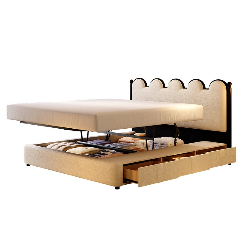 

Retro bed small apartment master bedroom medieval ripple storage, double bed with three-pump fabric soft bag