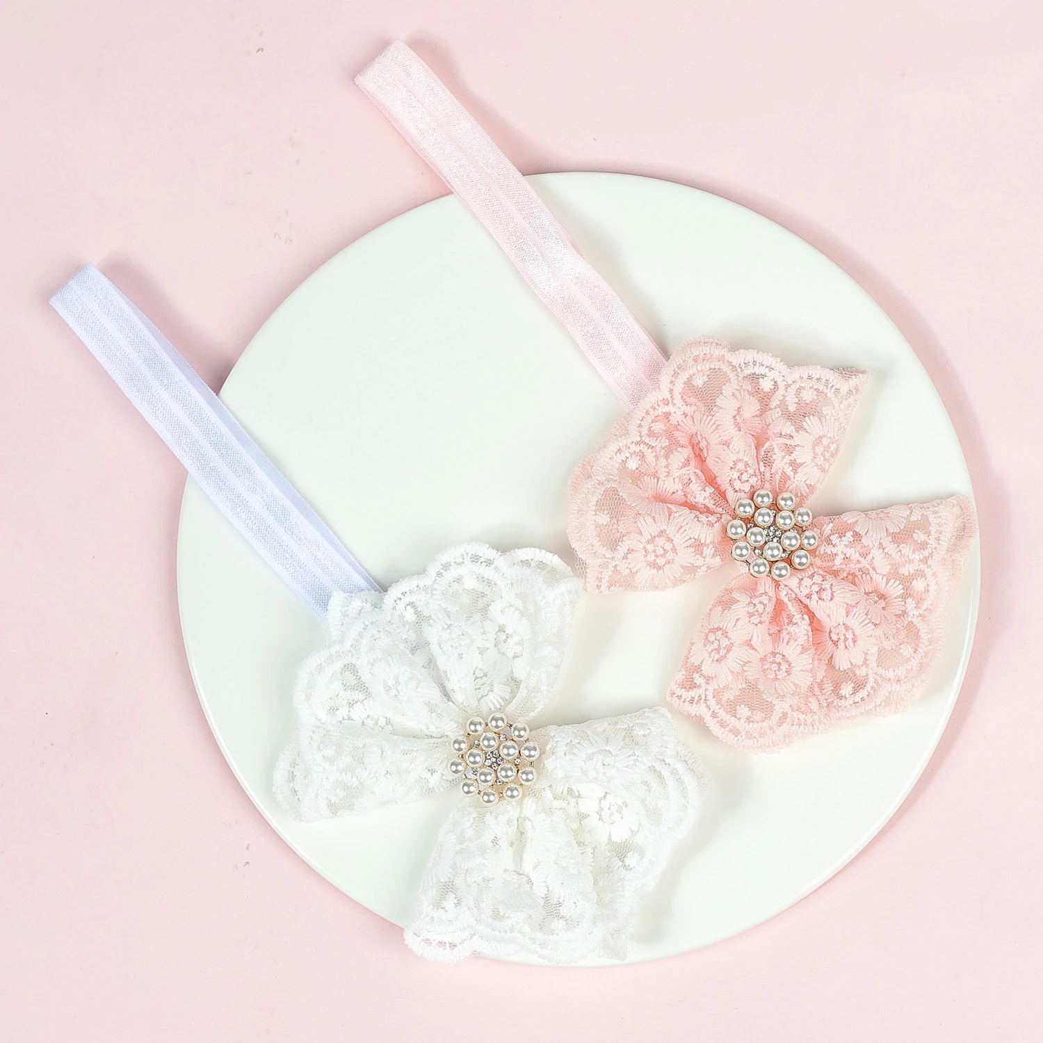 

2pcs Fashion Pearl Lace Embroidery Princess Baby Girl Headbands Elastic Children Ties Girls Hair Accessories Baby Headwear