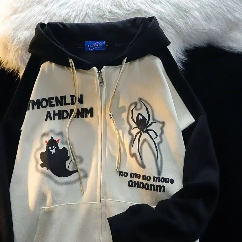 

Spring and Autumn Hot Fashion Trend Devil Spider Retro Printed Hoodie Loose and Comfortable Couple Splicing Versatile Cardigan