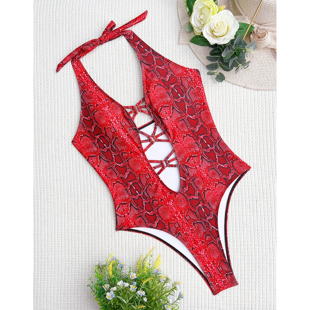 Neuer, aufregender Monokini-Badeanzug für Damen mit Schlangenhautmuster, einteiliger Badeanzug, figurbetonter Schnitt, Badebekleidung, Badeanzug für Damen, V3056. – Detail 33