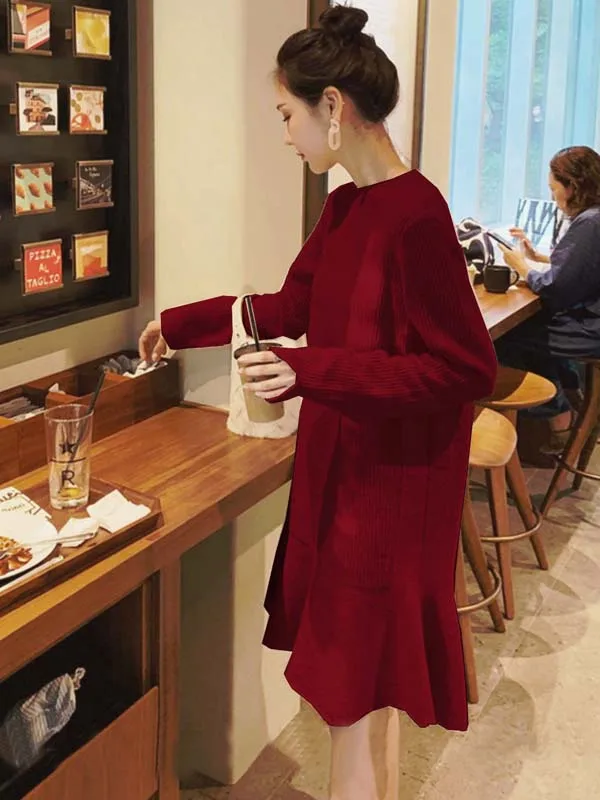 

plus Size Red Knitted Dress Women's Autumn Winter High Waist Fish Tail Sweater Dress Flattering for Curvy Ladies Medium Length