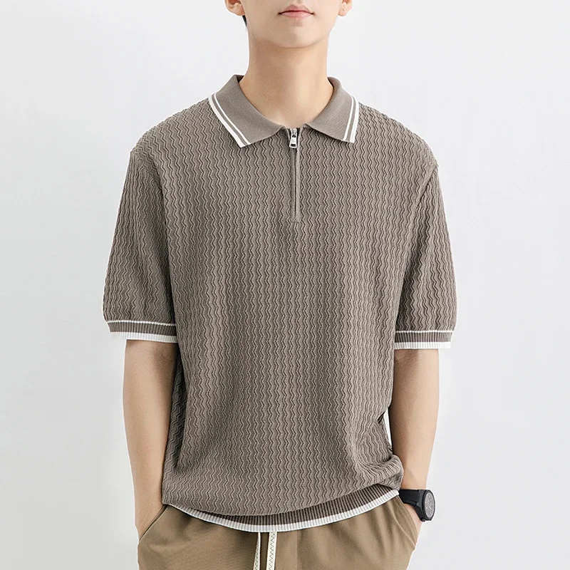 

Summer Fashion Men Sweaters T-shirt Business Lapel Simple Jacquard Design Luxury Short Knitted T Shirt Men Wear