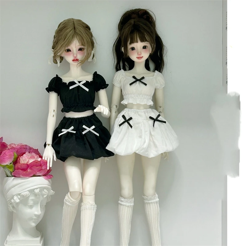 Roupas de boneca bjd adequadas para tamanho 1/4, manga bufante, top, saia de botão de flor, conjunto de roupas, acessórios de boneca (2 pontos)