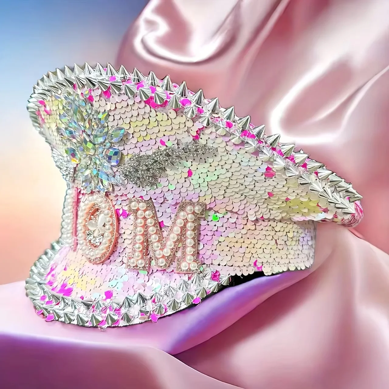 HongLuan Gelber Laser-Leder-Loop-Kapitänshut mit Strasssteinen und Militärkappen für Damen, Rave-Festivals-Accessoires und Partymütze für Herren