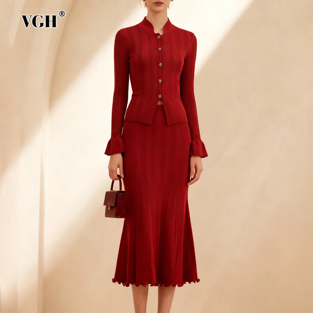 

VGH Solid Elegant Two Piece Set for Women Stand Collar Long Sleeve Slimming Top High Waist Fishtail Skirt Dinner Suit Female New