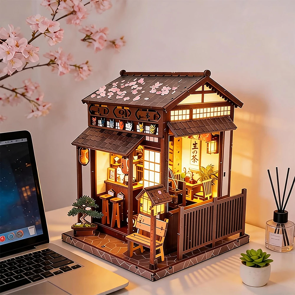 Modellbausatz DIY Bücher Kirschblüten-Teekiosk 220 Teile 3D Holzpuzzle Mikro-Bücherregal-Einsatz 6x7,1x7,7 Zoll Geeignet für Erwachsene Bücherregal-Dekoration Heim-Büro-Bastelgeschenk