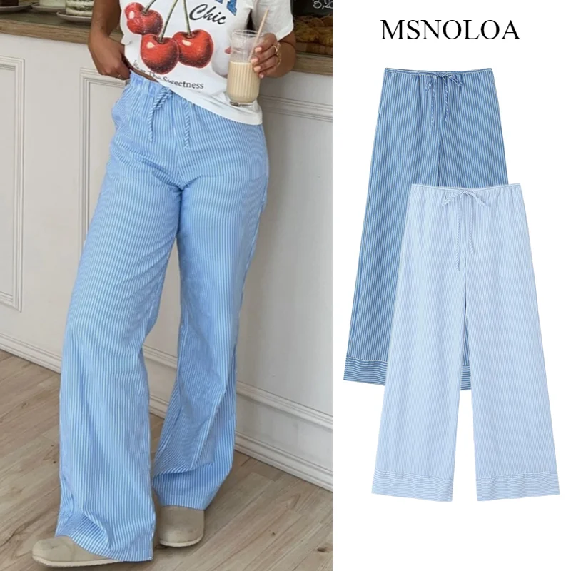 

Striped Mid Waist Drawstring Long Pants for Women Spring Summer Casual Street Loose Straight Leg Trousers Fashion Bottoms