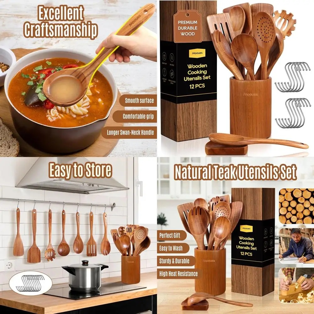 

Набор кухонных принадлежностей из тикового дерева, 12 предметов, с гладкой отделкой, антипригарным покрытием, удобной ручкой, термостойким