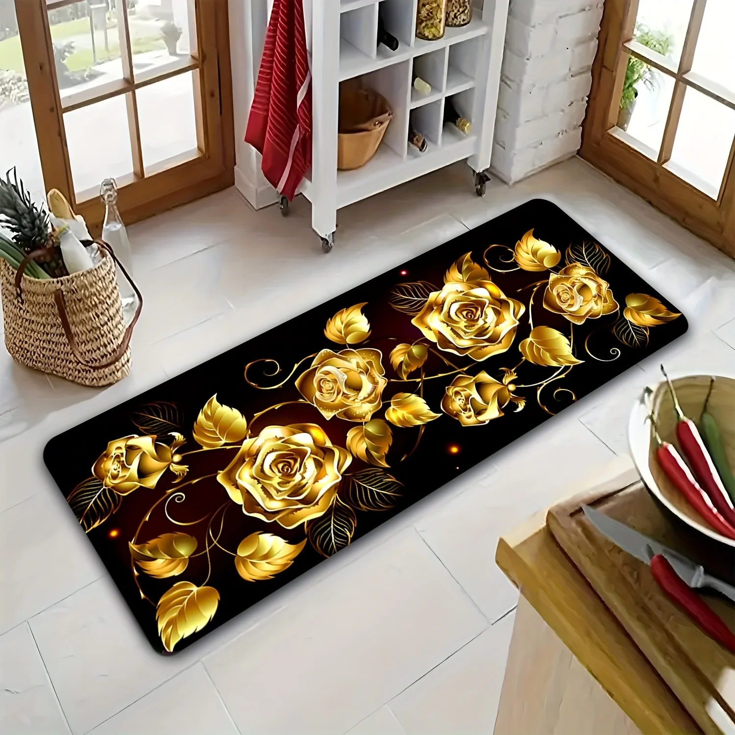 

Black Background Golden Rose Floral Print Kitchen Mat, Non-Slip Washable Durable Runner Rug for Kitchen, Bathroom, Laundry Room
