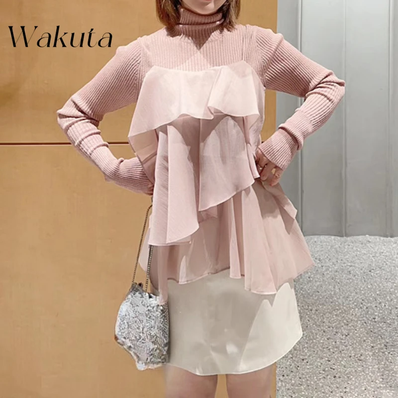 WAKUTA Japanese Sweet Spring/Autumn New High Collar Knitted Shirt Retro Ruffle Edge Slimming Strap Urban Women's Two Piece Sets