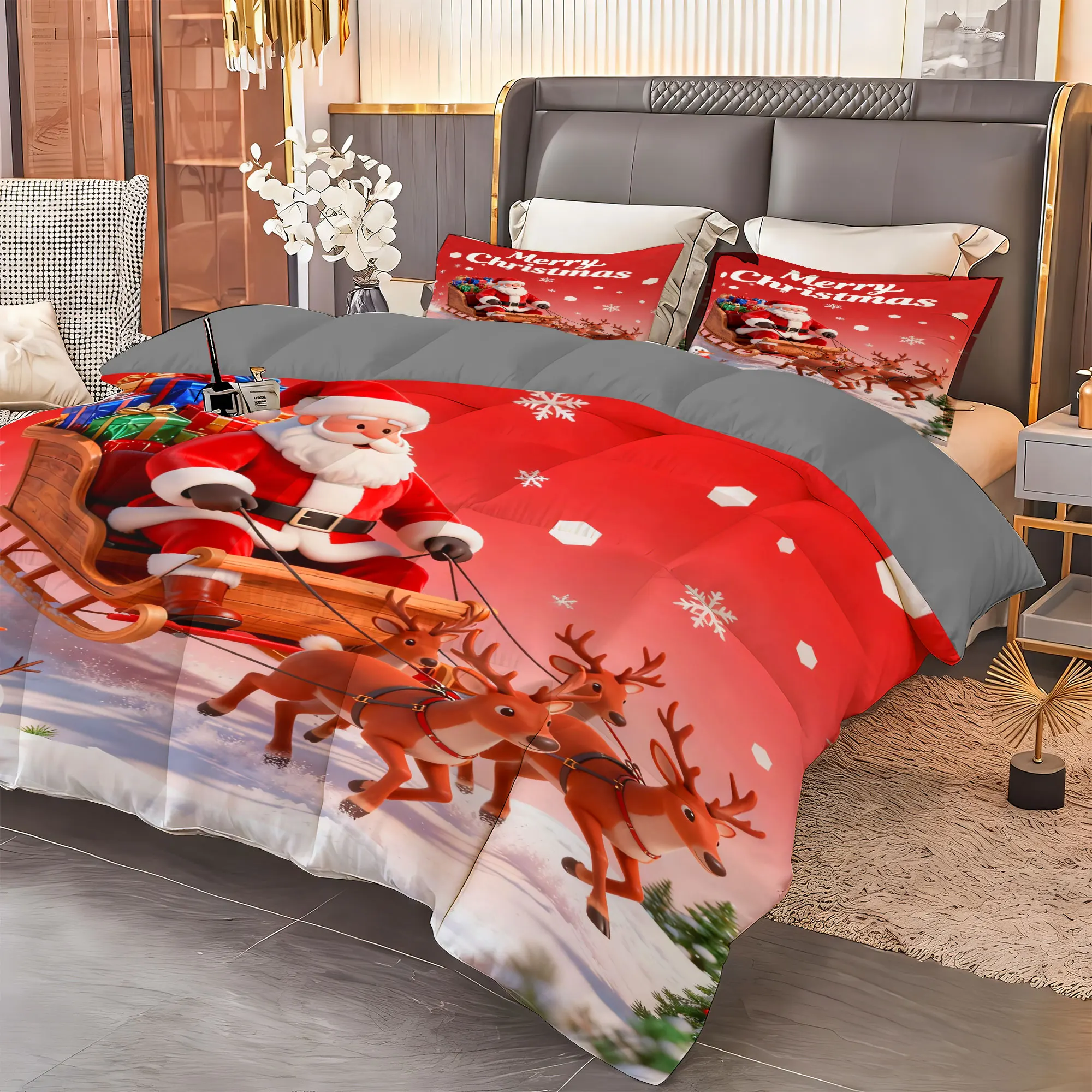 

Рождественский комплект постельного белья из 3 предметов: 1 одеяло с 2 наволочками, мягкая дышащая микрофибра, Санта-Клаус, домашний декор
