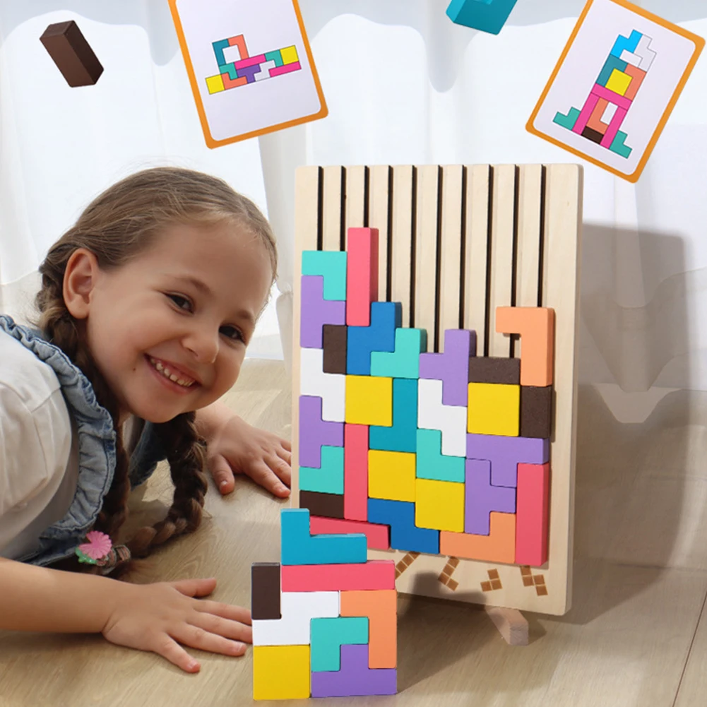 Colorful 3D Russian Building Blocks Game Stress Relief Wood Stacking Puzzle Toy 3D Wooden Montessori Toys for Toddlers