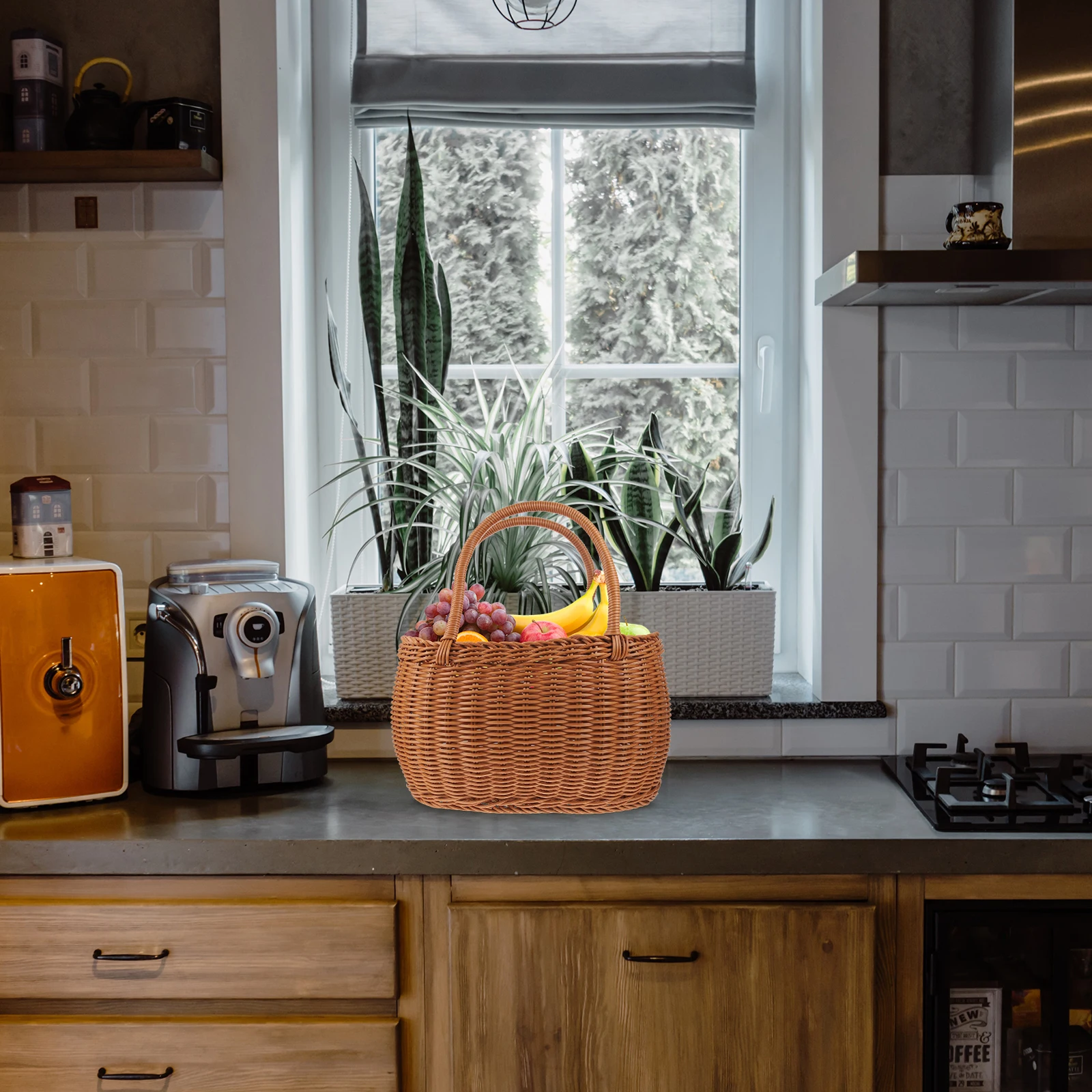 

Imitation Rattan Outdoor Picnic Basket Portable Multi-Functional Fruit Snack Storage Basket Handwoven Rustic Vegetable Flower