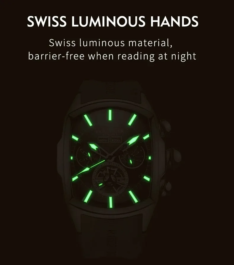 Reef Tiger Orologio automatico da uomo 47mm Cassa tonneau Sport Orologio da polso meccanico Scheletro luminoso Multi quadrante Mese Settimana Data