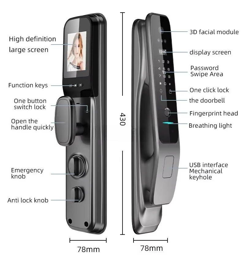 Cat Eye Fingerprint & 3D Face Recognition Smart Lock for Aluminum Door Remote Unlock Password & Code Type Door Lock