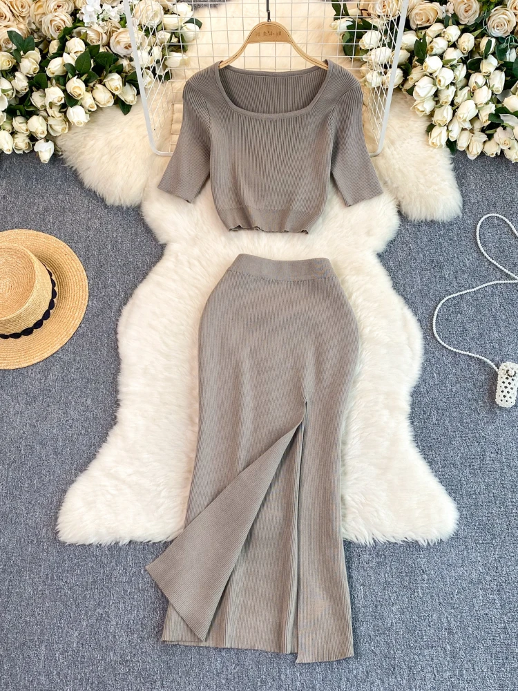 Women Casual Two-piece Set Summer Solid Color Short Sleeveless Knitted Crop Top Sexy High Waisted Split Wrap Skirt Sweater Suits