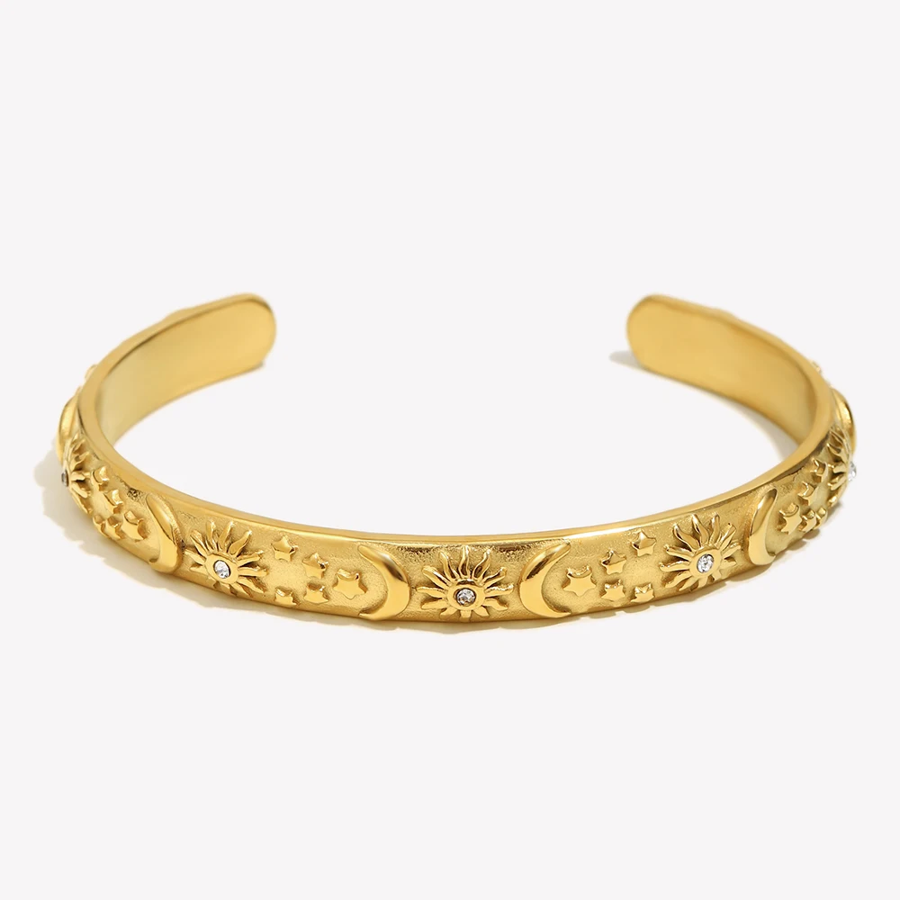 E.B.belle Classic Sun Moon Star Opening Bracelet Chunky 18 Gold Plated Tarnish Free Stainless Steel Jewelry