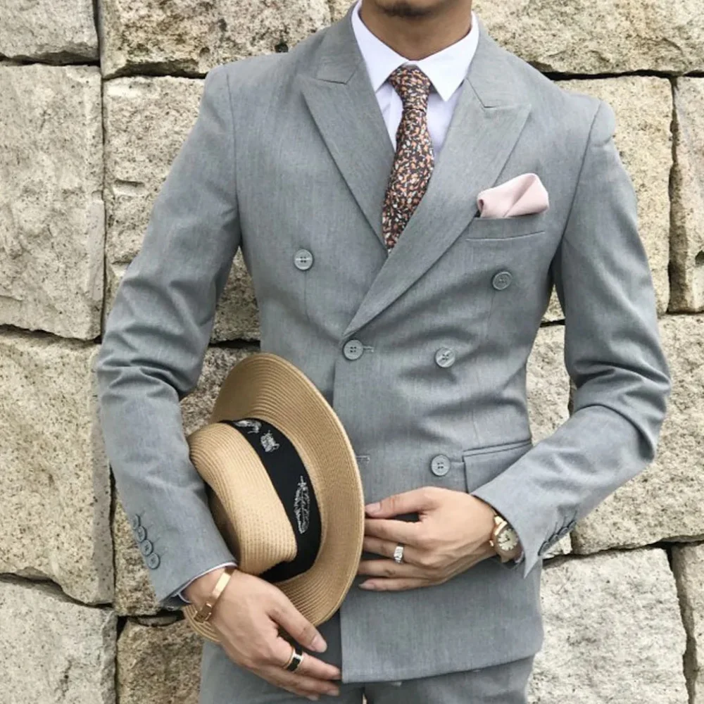 

Double Breasted Light Gray Suit Men Wedding Prom Party Business Groom Tuxedo Wedding Suit (Blazer+Pant)