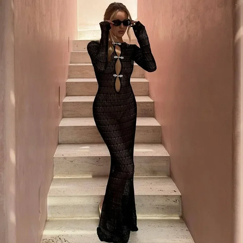 중공 쉬어 맥시 드레스 여성의 섹시한 백 레이스 업 슬릿 리조트 드레스 하이 웨이스트 파티 이브닝 ​​가운 가운 Vestidos Y2k