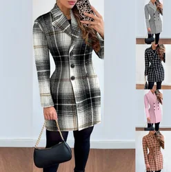 Jackets for Women Autumn Fashion Plaid Print Double breasted Elegant Polo Collar Long Sleeve Medium Length Blazer Coat
