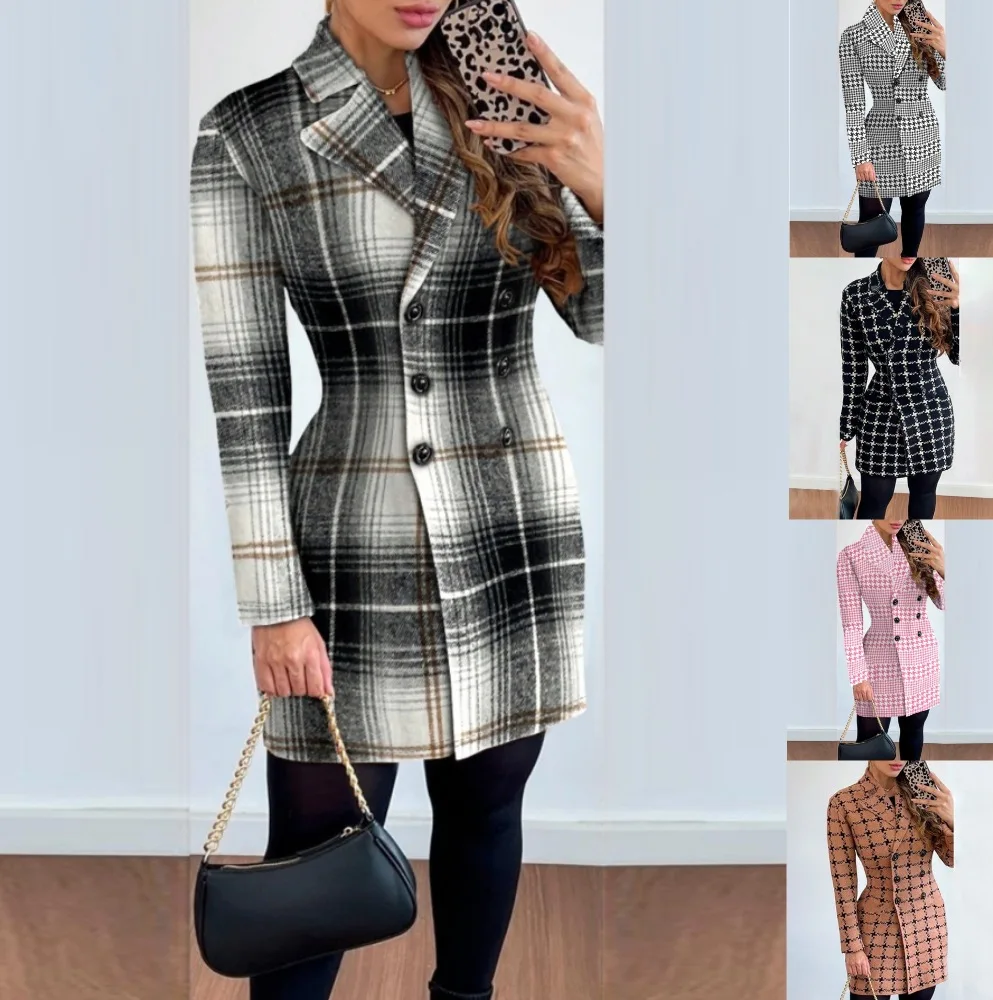Kurtki damskie Jesienna moda w kratę Dwurzędowy elegancki kołnierz polo z długim rękawem Średniej długości blezer