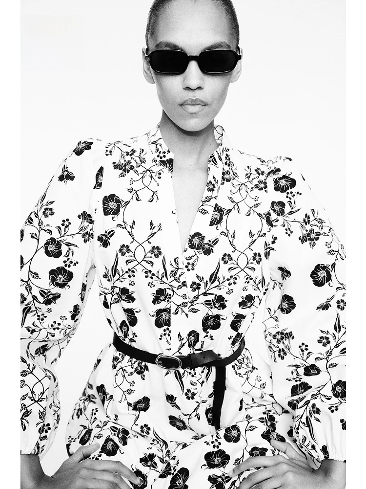 H&M Floral Print Dr with Belt And Bubble Hem Casual Sle Cotton A-Line Skirt ort Length V-Ne Spring Summer 2025