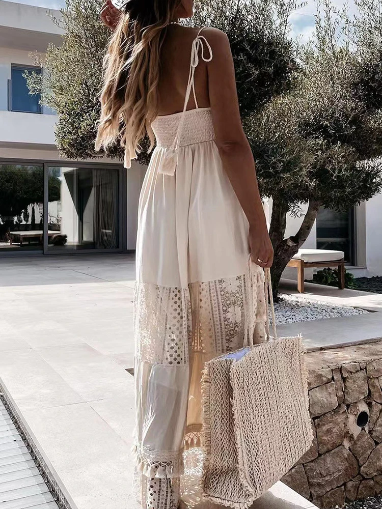 Boho Sexy Deep V Neck Crochet Suspender Dress Women Elegant Embroidery Lace Tassel Long Dress Spring Summer Backless Beach Dress