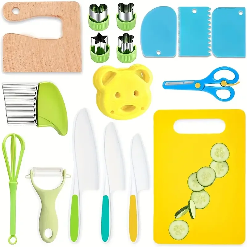 17PCS Kids Cooking Sets Real Cooking Montessori Kitchen Toys for DIY Plastic Kitchen Accessories Tools Toddlers Kids Safe Knives
