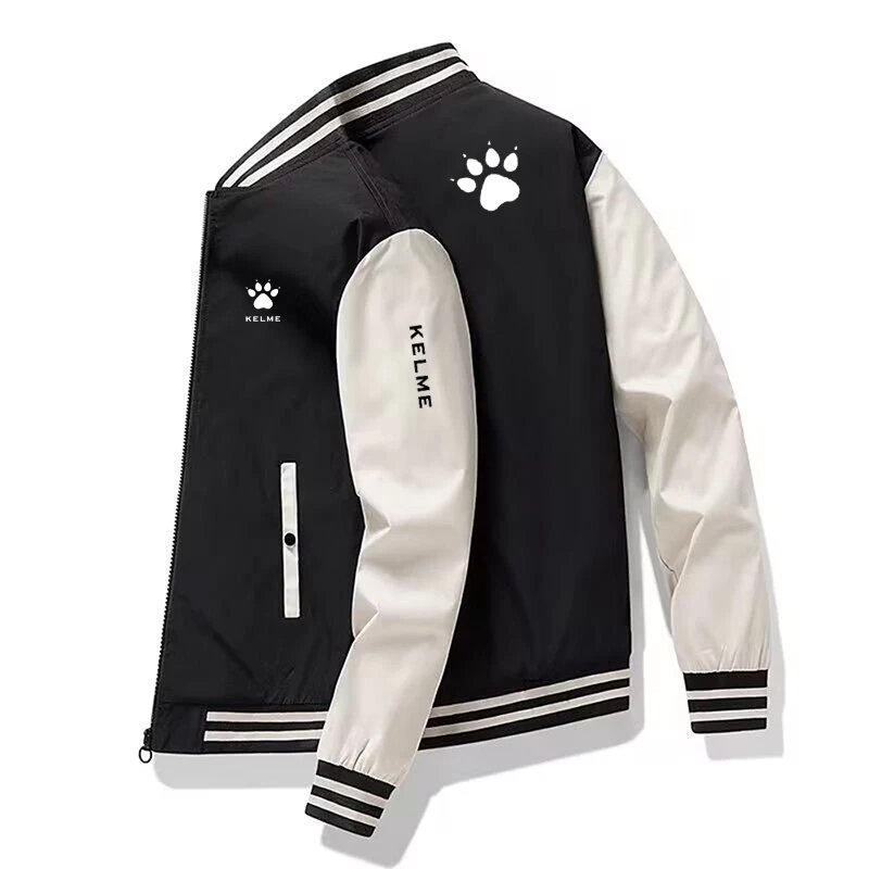 Kelme Baseball UniformMens Patchwork Varsity Jacket Retro Baseball Coat with Pockets Striped Cuffs Casual Fashion Streetwear